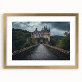 Elegant gold-framed landscape artwork showcasing a majestic castle surrounded by lush greenery, perfect for enhancing home decor with sophistication and charm.