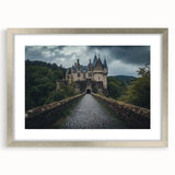 Elegant silver-framed landscape artwork featuring a picturesque castle scene, enhanced with a mat for depth, ideal for home decor or office settings.