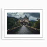 Elegant white-framed landscape artwork showcasing a picturesque castle surrounded by lush greenery, designed for home decor enhancement and aesthetic appeal. Ideal for art enthusiasts seeking to elevate their interior spaces.