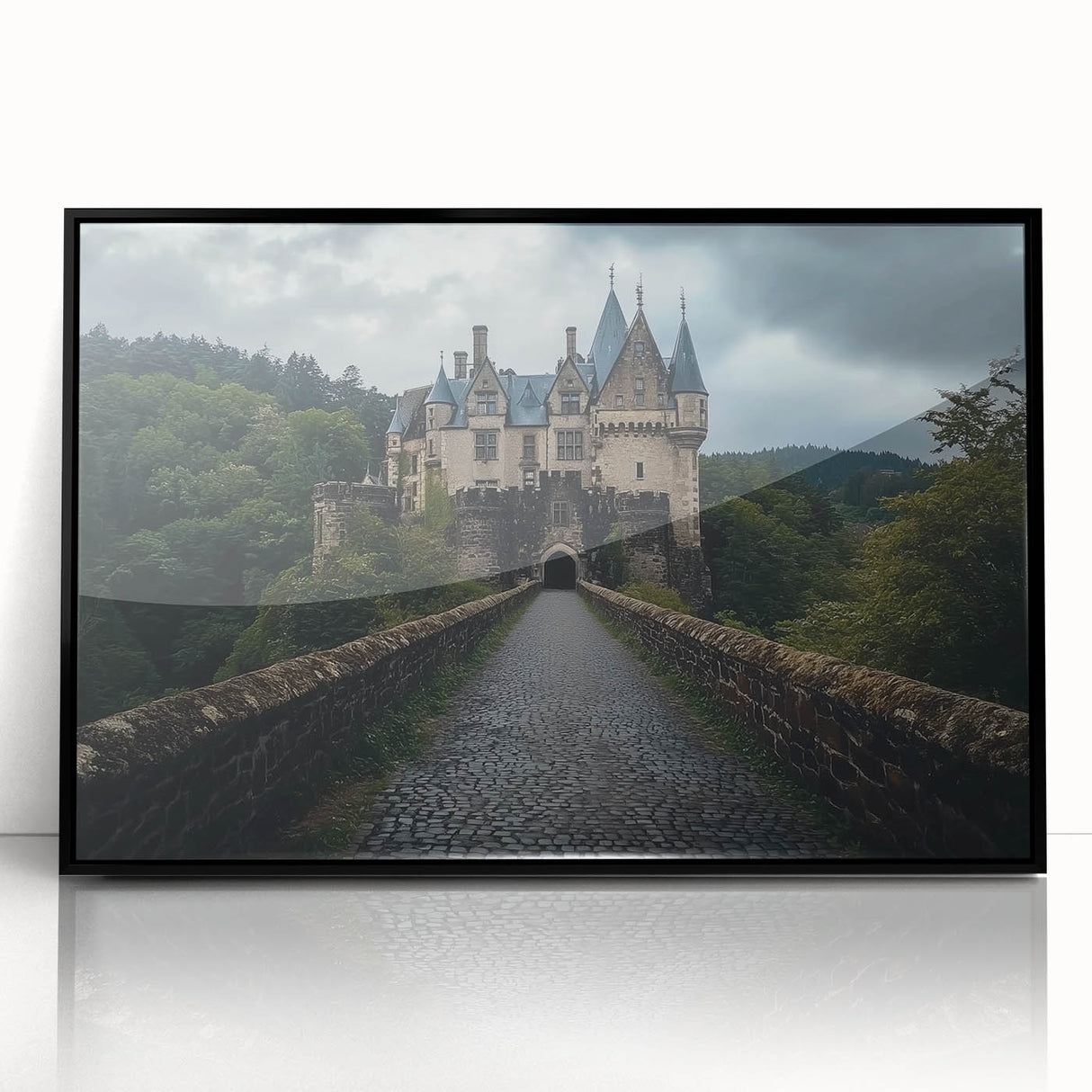Framed acrylic wall art depicting a picturesque landscape with a majestic castle, set against a vibrant sky, showcasing intricate details and rich colors. Perfect for enhancing home decor with a touch of elegance.