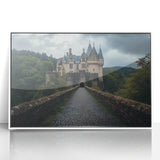 Framed acrylic artwork showcasing a stunning landscape with a majestic castle, set against a vibrant sky. The white frame enhances the piece's elegance, perfect for home decor.