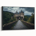 Framed canvas artwork showcasing a picturesque landscape with a majestic castle, presented in a sleek black frame, perfect for home decor or gallery display.