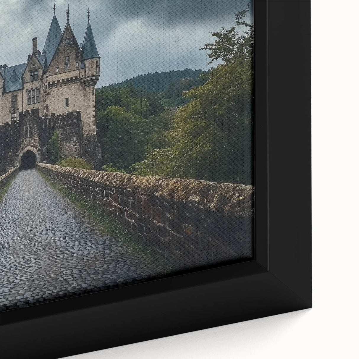 Close-up of a framed canvas artwork depicting a serene landscape with a majestic castle, featuring vibrant colors and intricate details, perfect for home decor.