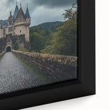 Close-up of a framed canvas artwork depicting a serene landscape with a majestic castle, featuring vibrant colors and intricate details, perfect for home decor.