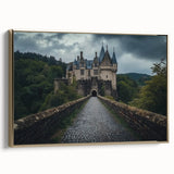 Framed canvas artwork depicting a majestic castle landscape, featuring intricate details and vibrant colors, elegantly bordered in gold, ideal for enhancing home decor.