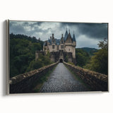 Framed canvas artwork showcasing a beautiful landscape with a castle, set against a serene backdrop. The silver frame adds an elegant touch, enhancing home decor.