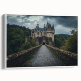 Framed canvas artwork depicting a serene landscape with a majestic castle, showcasing vibrant colors and intricate details, set against a white background for a modern aesthetic. Perfect for enhancing home decor with a touch of elegance and fantasy.