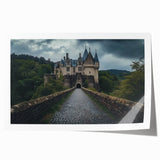 Beautifully detailed rolled print of a serene landscape featuring a majestic castle set against a vibrant sunset sky, showcasing rich colors and intricate elements, perfect for home decor.