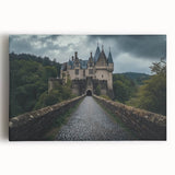 Stretched canvas artwork depicting a picturesque landscape with a majestic castle surrounded by lush greenery and a serene blue sky, perfect for home decor enthusiasts.