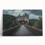 Stretched canvas artwork depicting a serene landscape with a majestic castle surrounded by lush greenery, perfect for home decor enthusiasts and art collectors.