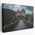 Stretched canvas artwork depicting a serene landscape with a majestic castle surrounded by lush greenery and a vibrant sky, ideal for home decor enthusiasts.