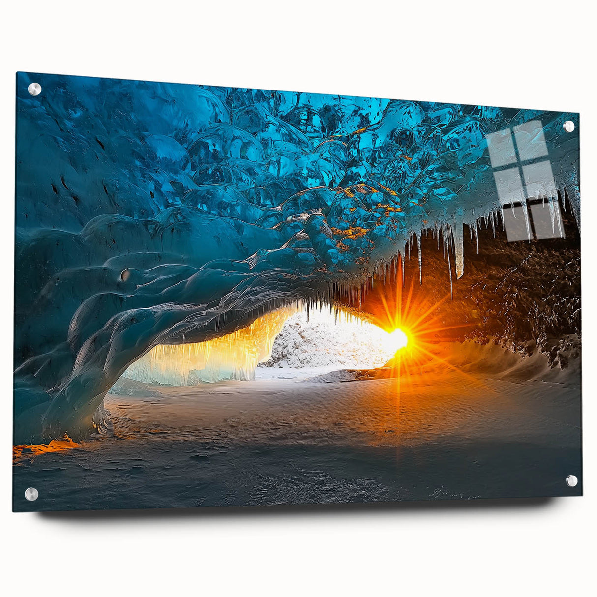 Acrylic landscape artwork depicting vibrant caves, showcased from a side view with decorative pins. This piece adds a modern touch to any space, ideal for art enthusiasts.