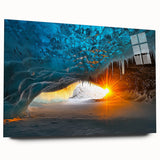 Acrylic landscape artwork showcasing a stunning cave scene, displayed in a sleek glass frame. The vibrant colors and intricate details create a captivating visual experience, perfect for enhancing modern home decor.