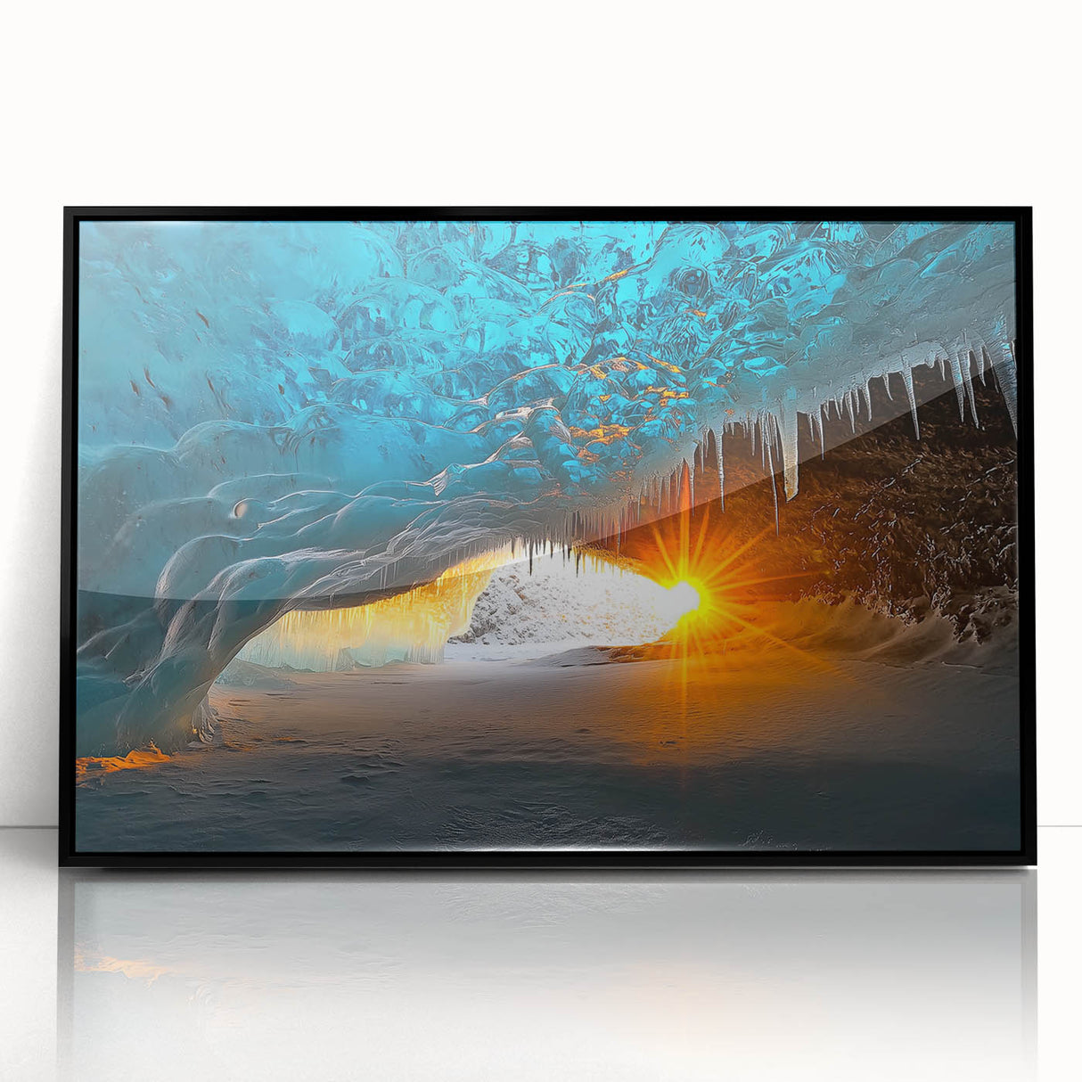 Framed acrylic artwork depicting a serene landscape with caves, featuring a black frame that enhances the visual depth and contrast, ideal for modern decor.
