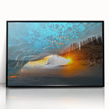 Framed acrylic artwork depicting a serene landscape with caves, featuring a black frame that enhances the visual depth and contrast, ideal for modern decor.