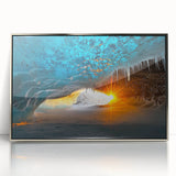 Framed acrylic artwork titled "Landscapes Caves," showcasing intricate cave formations in shades of silver and gray, ideal for modern home decor and art enthusiasts.