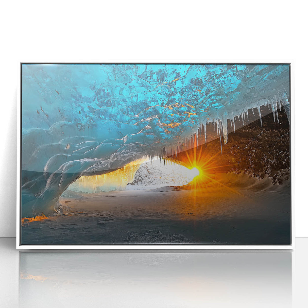 Framed acrylic artwork showcasing a serene landscape with intricate cave formations, set in a modern white frame, ideal for enhancing contemporary home decor.