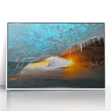 Framed acrylic artwork showcasing a serene landscape with intricate cave formations, set in a modern white frame, ideal for enhancing contemporary home decor.