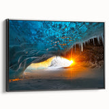 Framed canvas artwork depicting a serene landscape with caves, showcasing rich earth tones and intricate details, ideal for enhancing home decor.