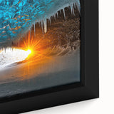 Close-up of a framed canvas artwork depicting a stunning landscape with intricate cave details, showcasing rich colors and textures, perfect for enhancing home decor.