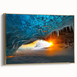 Framed canvas artwork depicting a stunning landscape scene with caves, showcased with a gold frame, perfect for enhancing home decor and gallery walls.
