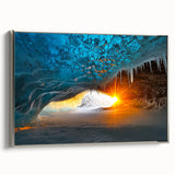 Framed canvas artwork depicting a serene landscape with caves, showcased from a silver side view, perfect for elegant home decor and nature enthusiasts.
