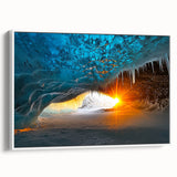 Framed canvas artwork depicting a serene cave landscape in earthy tones, featuring intricate details and a white frame, perfect for home decor and nature enthusiasts.