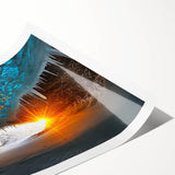 Textured rolled print showcasing a vibrant cave landscape with intricate details in earthy tones, elegantly packaged in a protective cardboard tube for delivery.