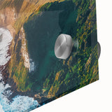 Close-up of a vibrant acrylic painting depicting dramatic cliffs against a sunset, showcasing rich colors and intricate details, perfect for landscape art enthusiasts.