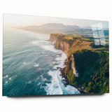 Acrylic landscape artwork showcasing dramatic cliffs in vibrant colors, displayed in a sleek glass frame, ideal for modern home decor. Perfect for art enthusiasts.