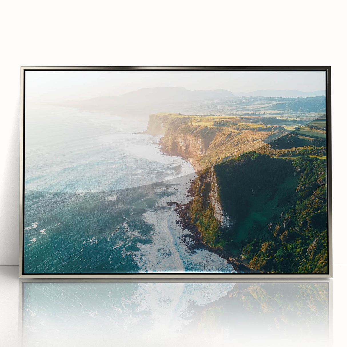 Framed acrylic artwork showcasing a serene landscape of dramatic cliffs and vibrant skies, ideal for enhancing modern home decor with a touch of elegance.