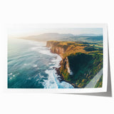 Stunning rolled print of vibrant cliff landscapes showcasing dramatic rock formations and lush greenery, elegantly packaged in a protective cardboard tube for art enthusiasts.