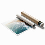 Stunning landscape print showcasing majestic cliffs against a vibrant sunset sky, rolled and secured in a protective tube, perfect for home decor.