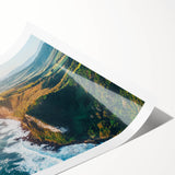 Stunning rolled canvas print showcasing a vibrant landscape of majestic cliffs against a blue sky, perfect for adding a touch of nature-inspired decor. Ideal for home or office settings.