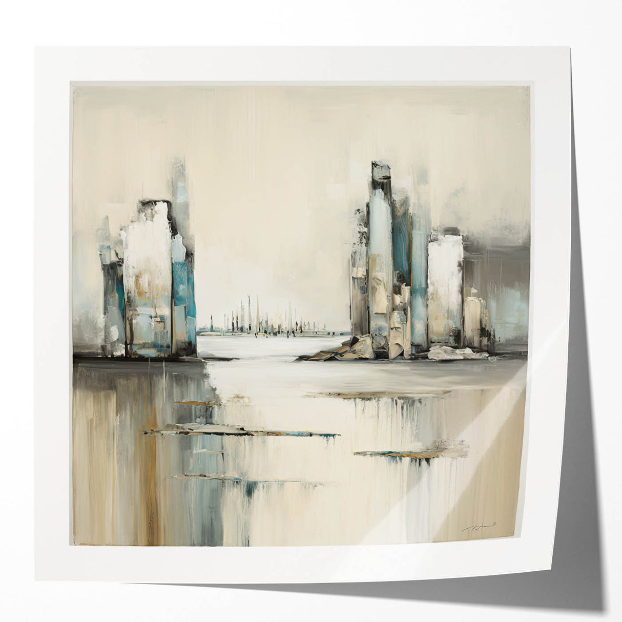 Abstract architectural wall art print mockup featuring glossy finish, showcasing geometric shapes in vibrant colors, ideal for modern decor and stylish interiors.
