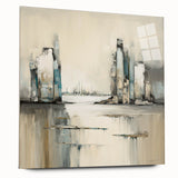 Abstract architectural wall art displayed in a sleek acrylic frame, showcasing intricate geometric patterns and vibrant colors, perfect for modern decor.