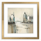 Abstract architectural wall art featuring geometric gold accents within a sleek frame and mat, designed to enhance modern interiors with a touch of elegance.