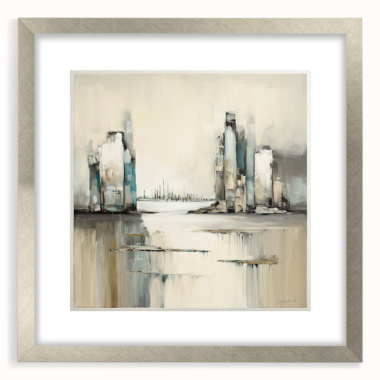 Abstract architecture wall art framed in silver, showcasing geometric shapes and vibrant colors, perfect for modern decor. Ideal for enhancing living spaces.