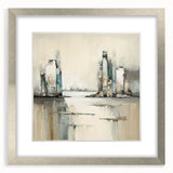 Abstract architecture wall art framed in silver, showcasing geometric shapes and vibrant colors, perfect for modern decor. Ideal for enhancing living spaces.