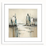 Abstract architectural wall art framed with a white mat, showcasing geometric shapes and soft color tones, ideal for modern home decor.