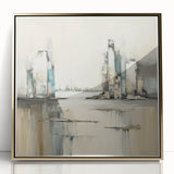 Framed abstract architecture wall art in gold acrylic, showcasing geometric shapes and modern design elements, perfect for contemporary home decor.