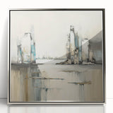 Framed abstract architecture wall art in silver acrylic, showcasing geometric shapes and modern design elements, ideal for contemporary interior decor.