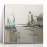 Framed abstract architecture wall art showcasing geometric shapes in white and gray tones, designed to enhance modern interior spaces with a sophisticated aesthetic.