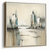 Framed abstract architecture wall art featuring a striking combination of silver and gold tones, set against a modern design backdrop, perfect for contemporary decor.