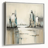 Framed abstract architecture wall art in silver, showcasing geometric shapes and lines, perfect for modern decor. Side view highlights sleek design and framing.