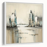 Framed canvas wall art showcasing an abstract architectural design with a white color palette, offering a modern touch to interior decor in a stylish side view display.