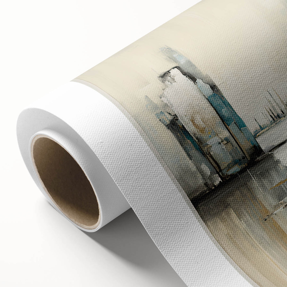 Abstract wall art design showcasing modern architecture elements in a vibrant color palette, printed on rolled canvas for stylish home decor. Ideal for contemporary interiors.
