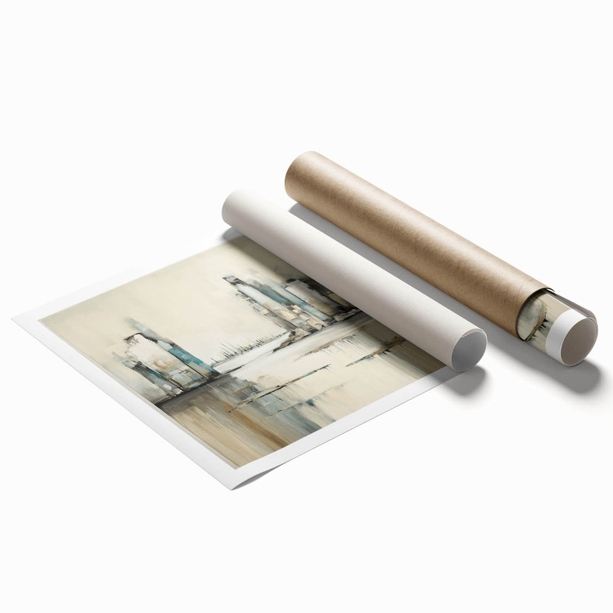 Abstract architectural wall art print showcasing vibrant colors and geometric shapes, rolled and ready for display, perfect for modern home decor.
