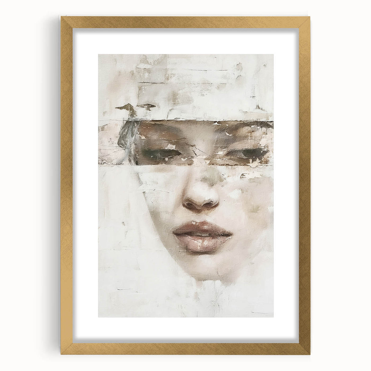 Abstract figurative wall art framed in gold with a white mat, showcasing vibrant colors and dynamic shapes, perfect for modern home decor.