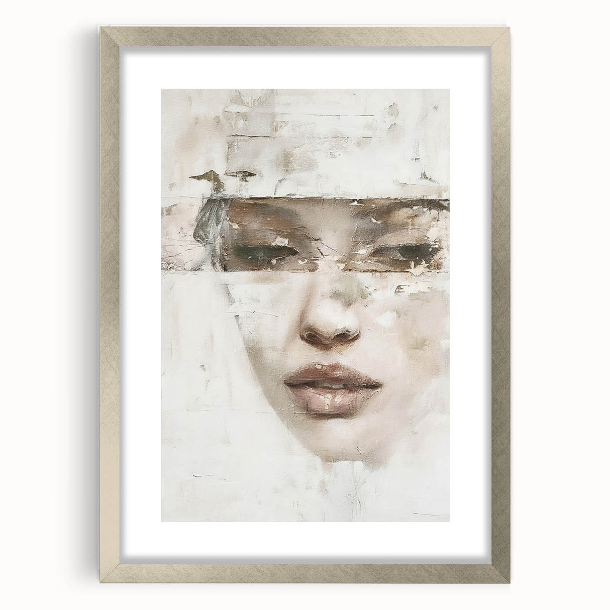 Abstract figurative wall art framed in silver, displaying vibrant colors and dynamic shapes, perfect for modern home decor or art enthusiasts.